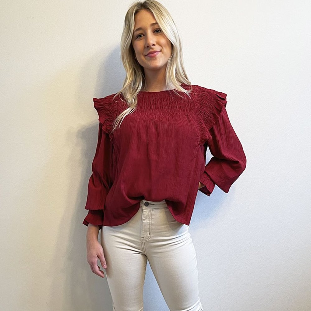 Burgundy Ruffle Sleeve Blouse